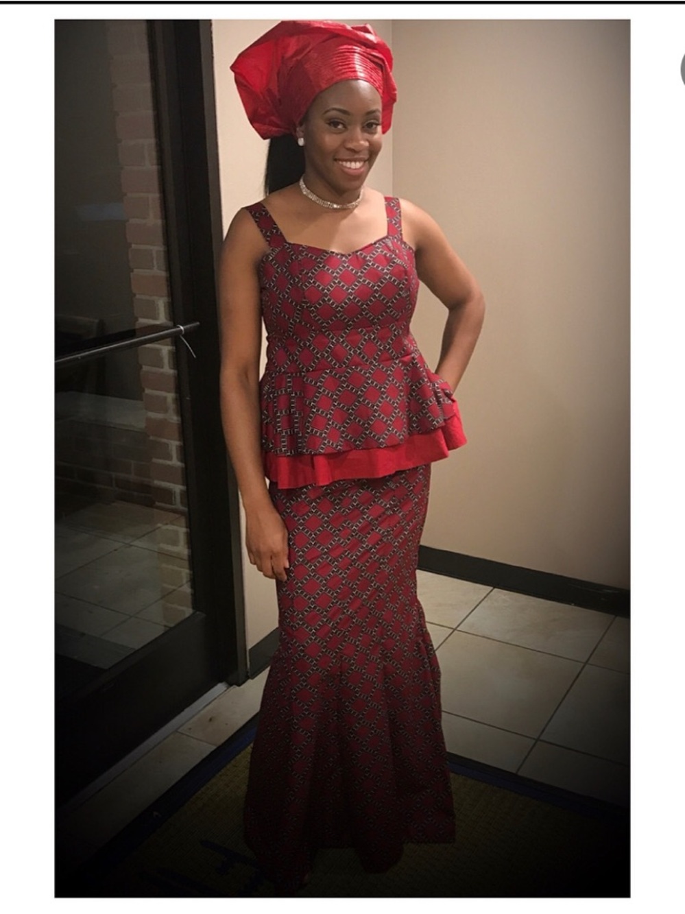 Red Patterned African Ankara Peplum Top and Skirt Set